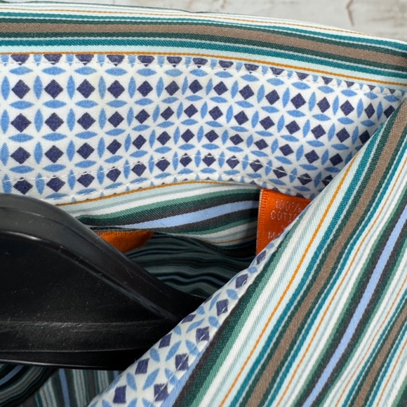 Tallia Mens Green Blue Striped Collard Button Up Dress Up Shirt Medium M 15 1/2 - Picture 11 of 12